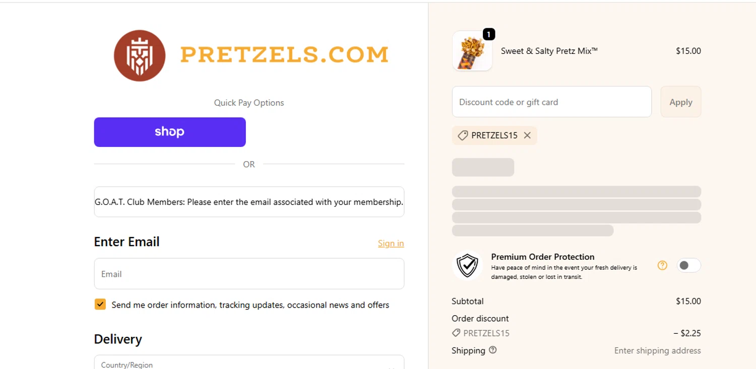 Pretzels.com promo code screenshot showing code PRETZELS15 applied at Pretzels.com checkout page. Uploaded by SimplyCodes community member shark12 on Oct 10, 2025