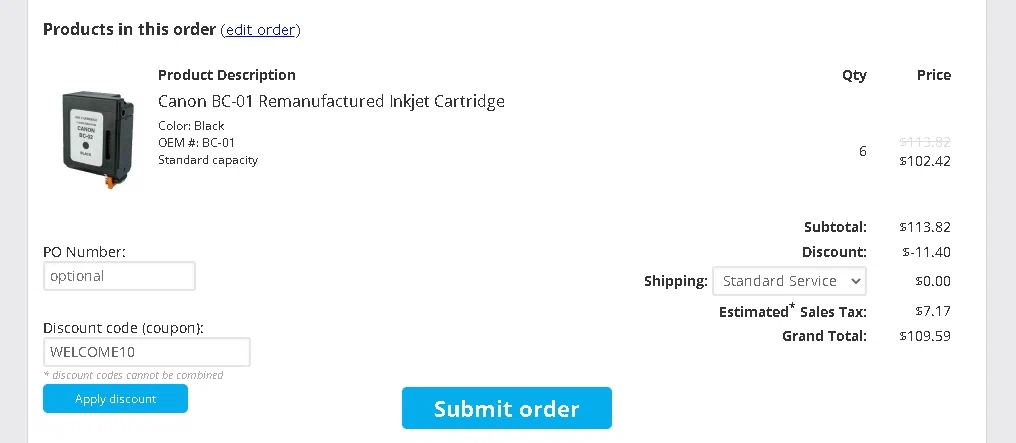 Price-Less Inkjet Cartridge checkout page showing Price-Less Inkjet Cartridge promo code box | Screenshot taken by SimplyCodes community member on Nov 2, 2021