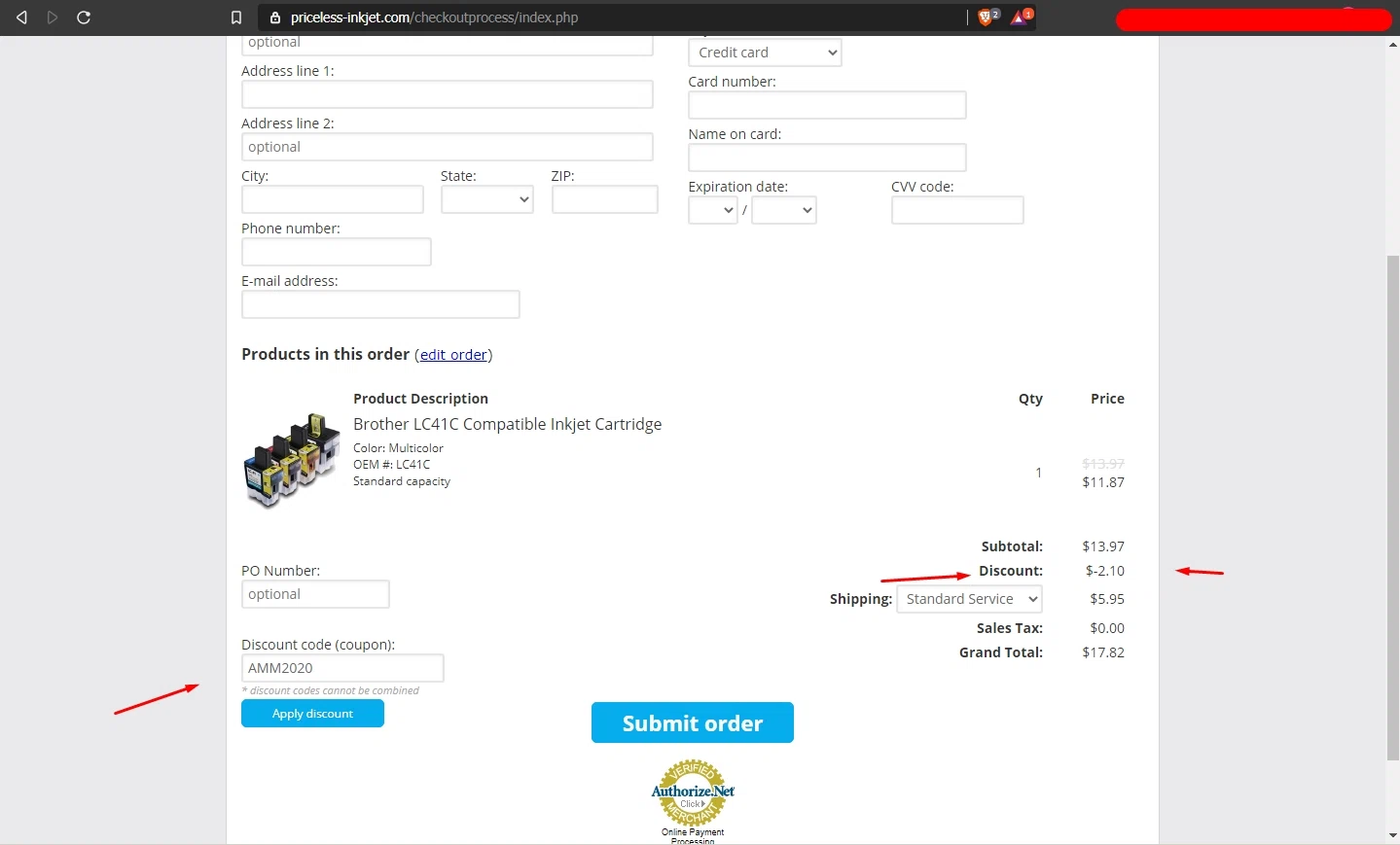 Price-Less Inkjet Cartridge checkout page showing Price-Less Inkjet Cartridge promo code box | Screenshot taken by SimplyCodes community member on Sep 17, 2020