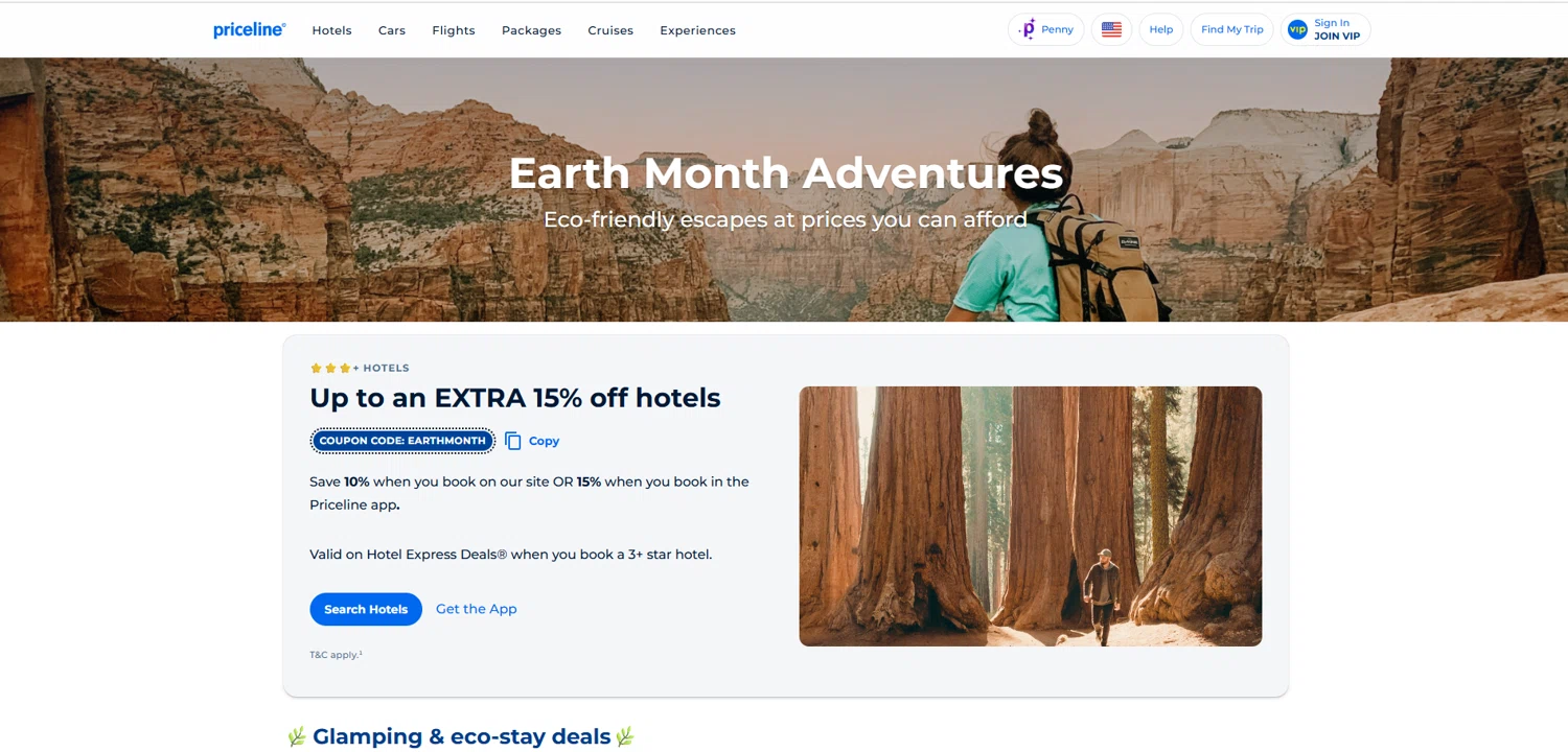 Priceline promo code screenshot showing code EARTHMONTH applied at Priceline checkout page. Uploaded by SimplyCodes community member HoneyJean on Jun 30, 2025