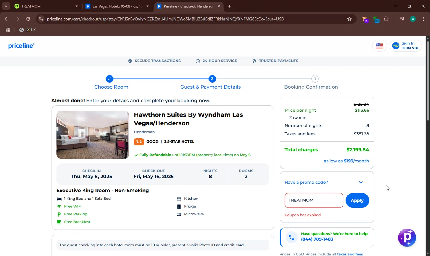 Priceline promo code screenshot showing code TREATMOM applied at Priceline checkout page. Uploaded by SimplyCodes community member SavvyHawk1474 on May 4, 2025
