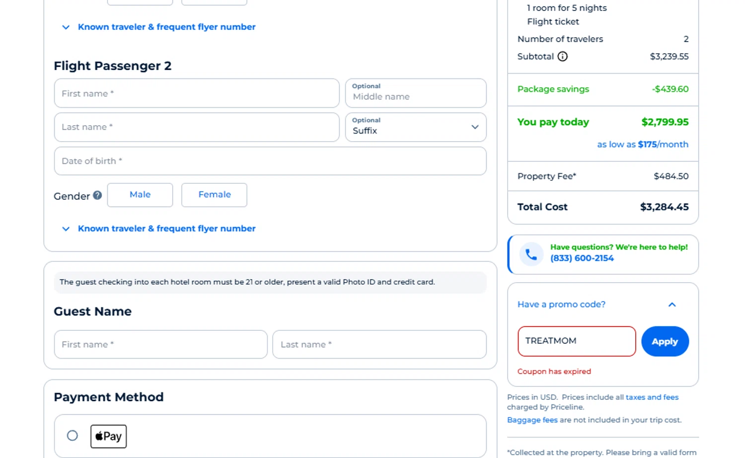 Priceline promo code screenshot showing code TREATMOM applied at Priceline checkout page. Uploaded by SimplyCodes community member SimplyCVerlie on Jul 8, 2025