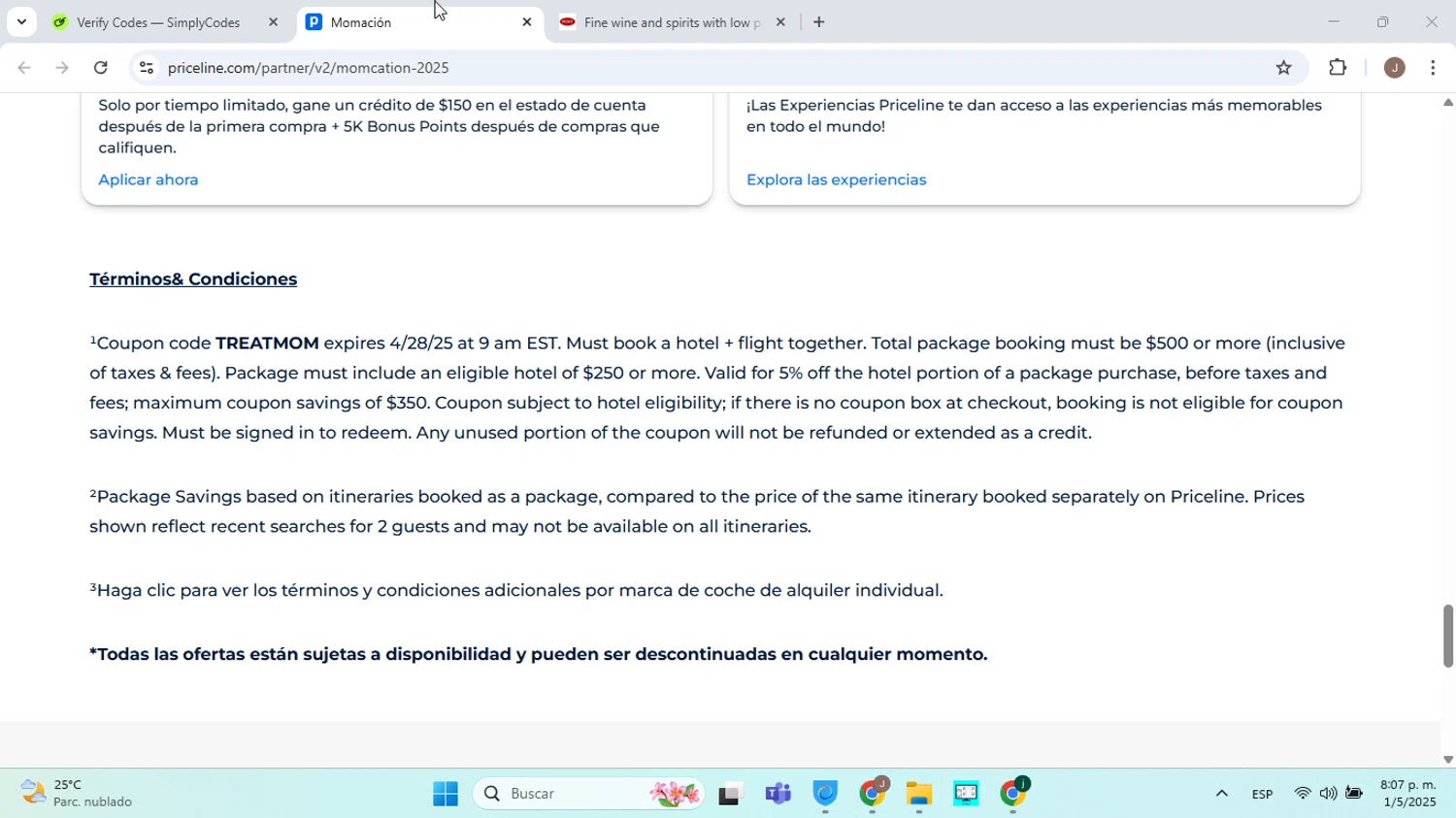 Priceline promo code screenshot showing code TREATMOM applied at Priceline checkout page. Uploaded by SimplyCodes community member jorgejavierherrera on May 2, 2025