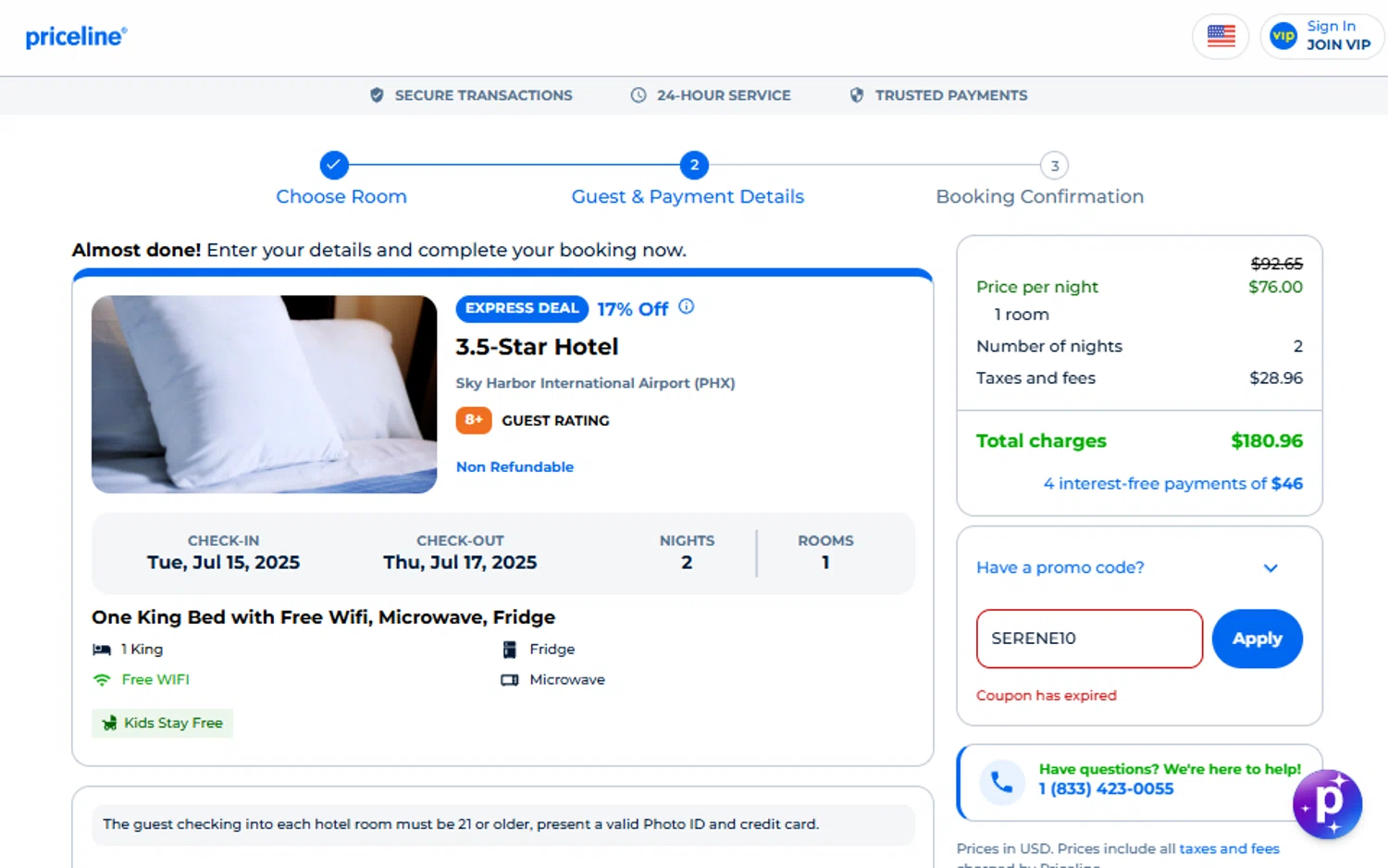 Priceline promo code screenshot showing code SERENE10 applied at Priceline checkout page. Uploaded by SimplyCodes community member SimplyCVerlie on Jul 13, 2025