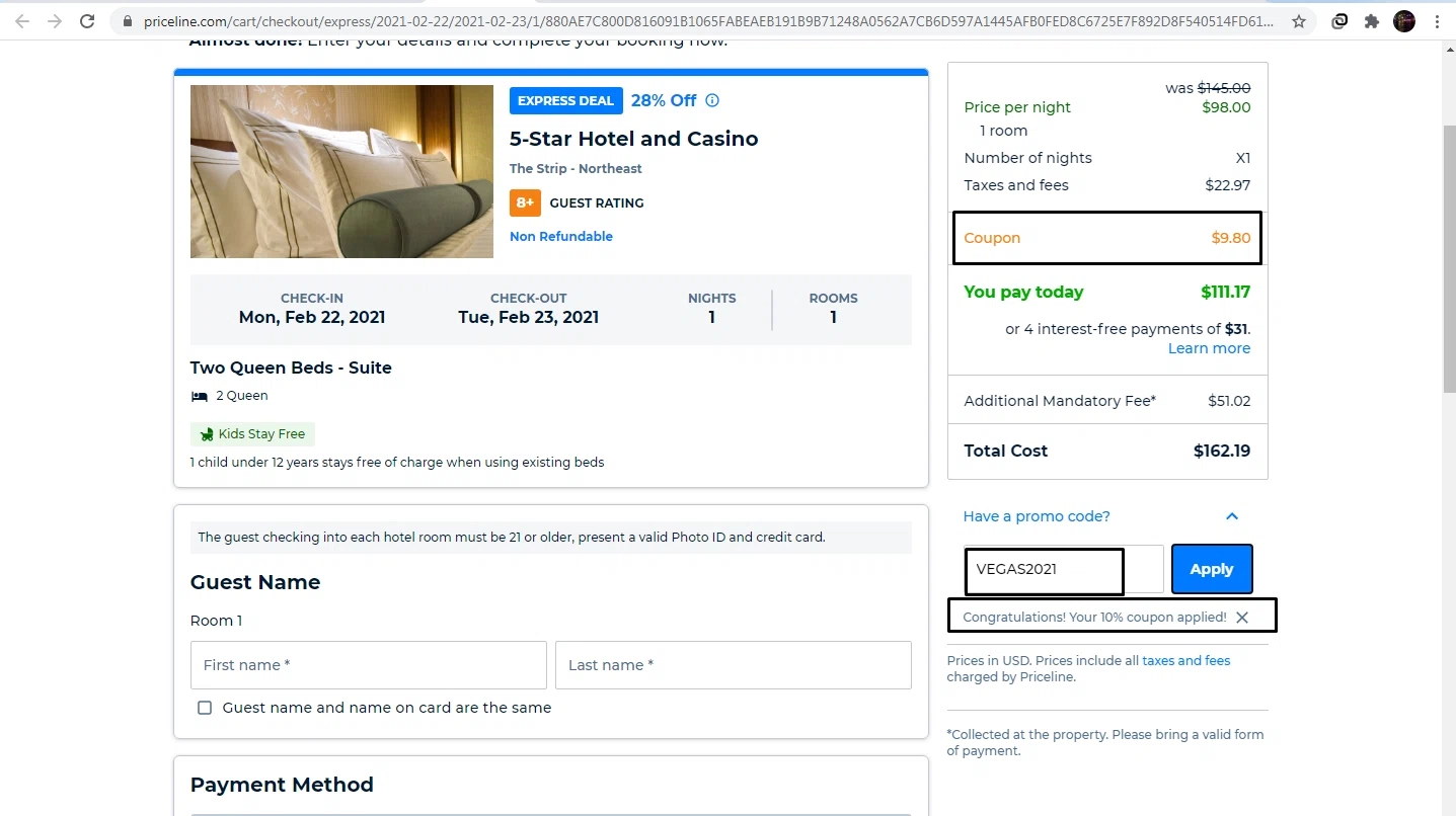 Priceline Cruises checkout page showing Priceline Cruises promo code box | Screenshot taken by SimplyCodes community member on Feb 22, 2021