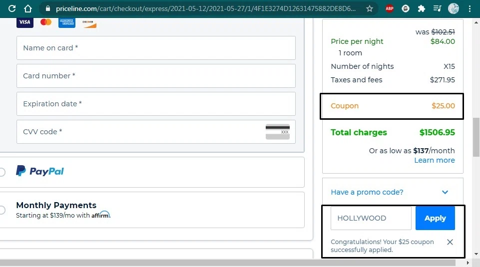 Priceline Cruises checkout page showing Priceline Cruises promo code box | Screenshot taken by SimplyCodes community member on Apr 28, 2021