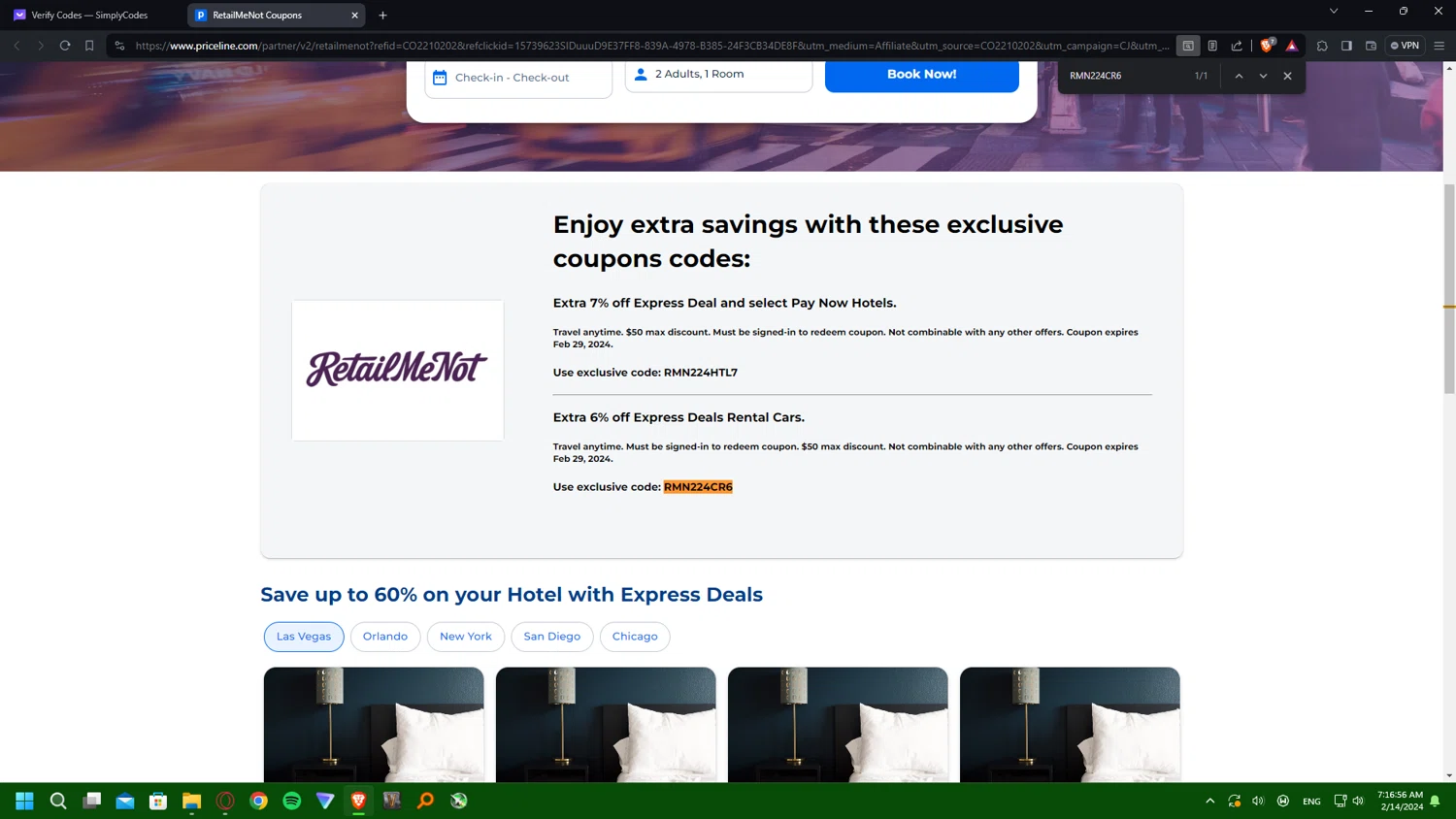 Priceline Cruises checkout page showing Priceline Cruises promo code box | Screenshot taken by SimplyCodes community member on Feb 14, 2024