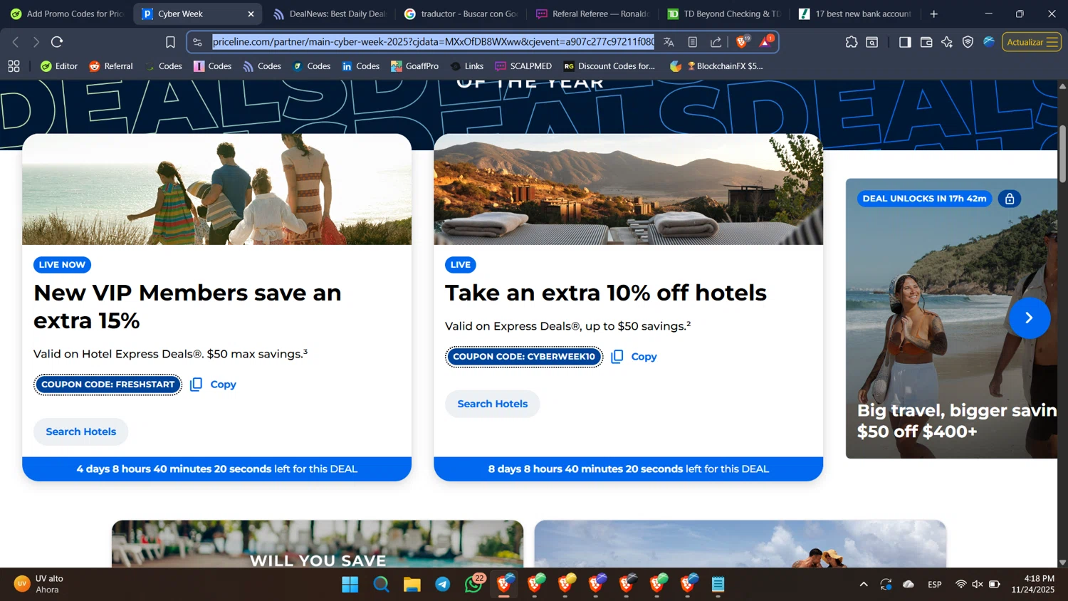 Priceline Cruises promo code screenshot showing code CYBERWEEK10 applied at Priceline Cruises checkout page. Uploaded by SimplyCodes community member BabaYaga on Nov 24, 2025