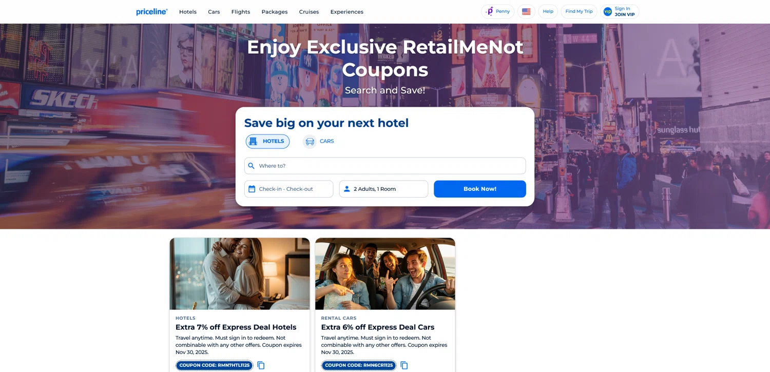Priceline Cruises promo code screenshot showing code RMN7HTL1125 applied at Priceline Cruises checkout page. Uploaded by SimplyCodes community member Dorothy on Nov 1, 2025