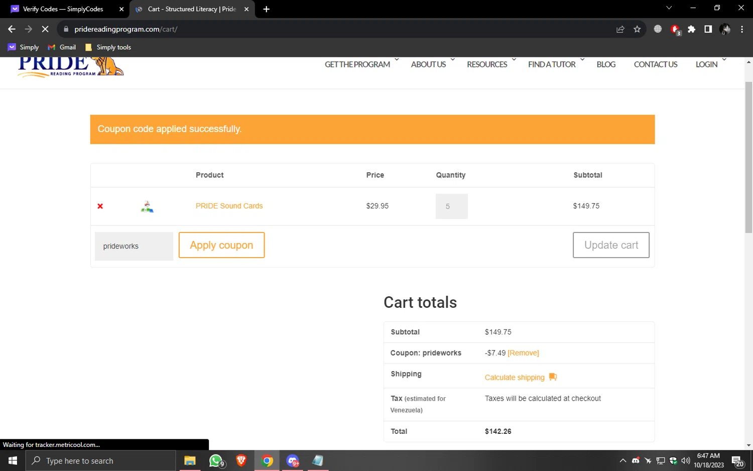 Pride Reading Program checkout page showing Pride Reading Program coupon code box | Screenshot taken by SimplyCodes community member on Oct 18, 2023