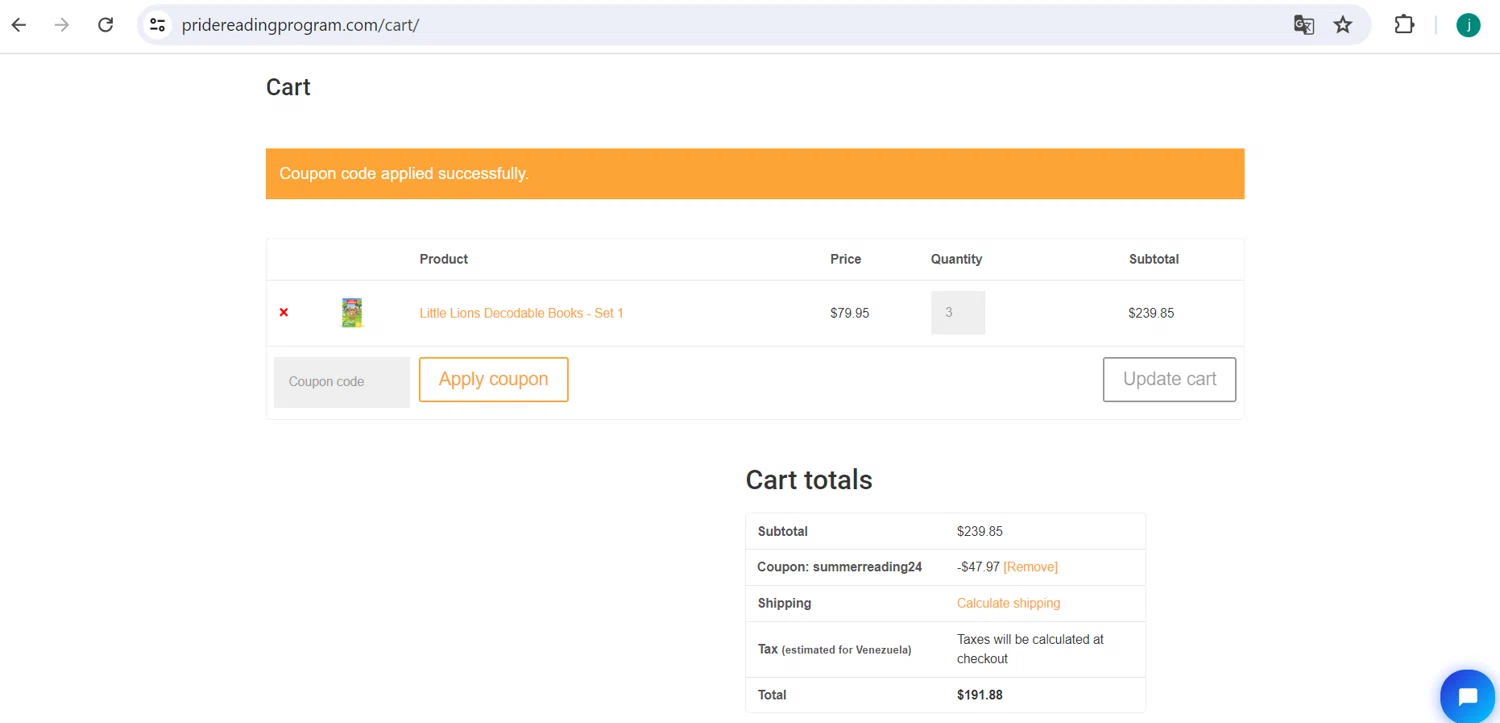 Pride Reading Program checkout page showing Pride Reading Program coupon code box | Screenshot taken by SimplyCodes community member on Jul 5, 2024