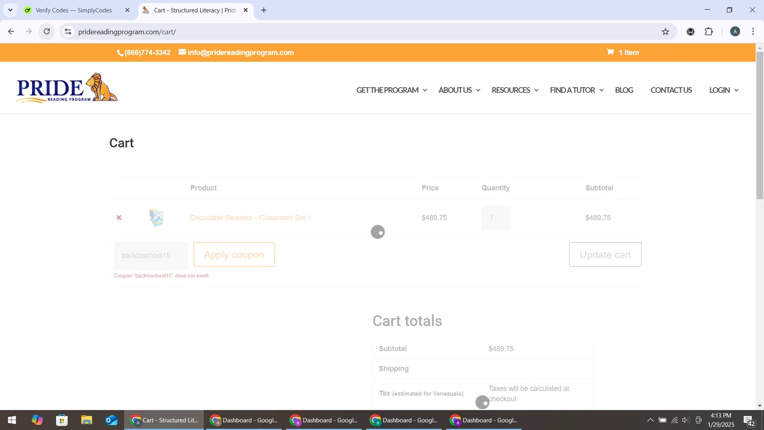 Pride Reading Program coupon code screenshot showing code backtoschool15 applied at Pride Reading Program checkout page. Uploaded by SimplyCodes community member BonusMonarch7015 on Jan 29, 2025