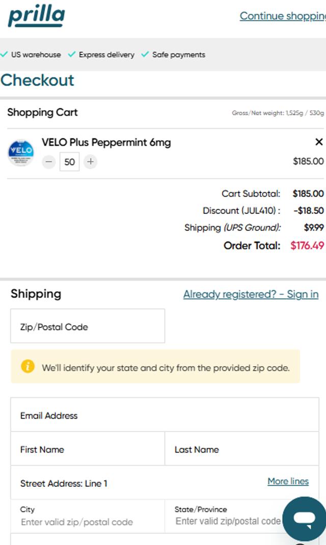 Prilla checkout page showing Prilla coupon code box | Screenshot taken by SimplyCodes community member on Jul 4, 2025