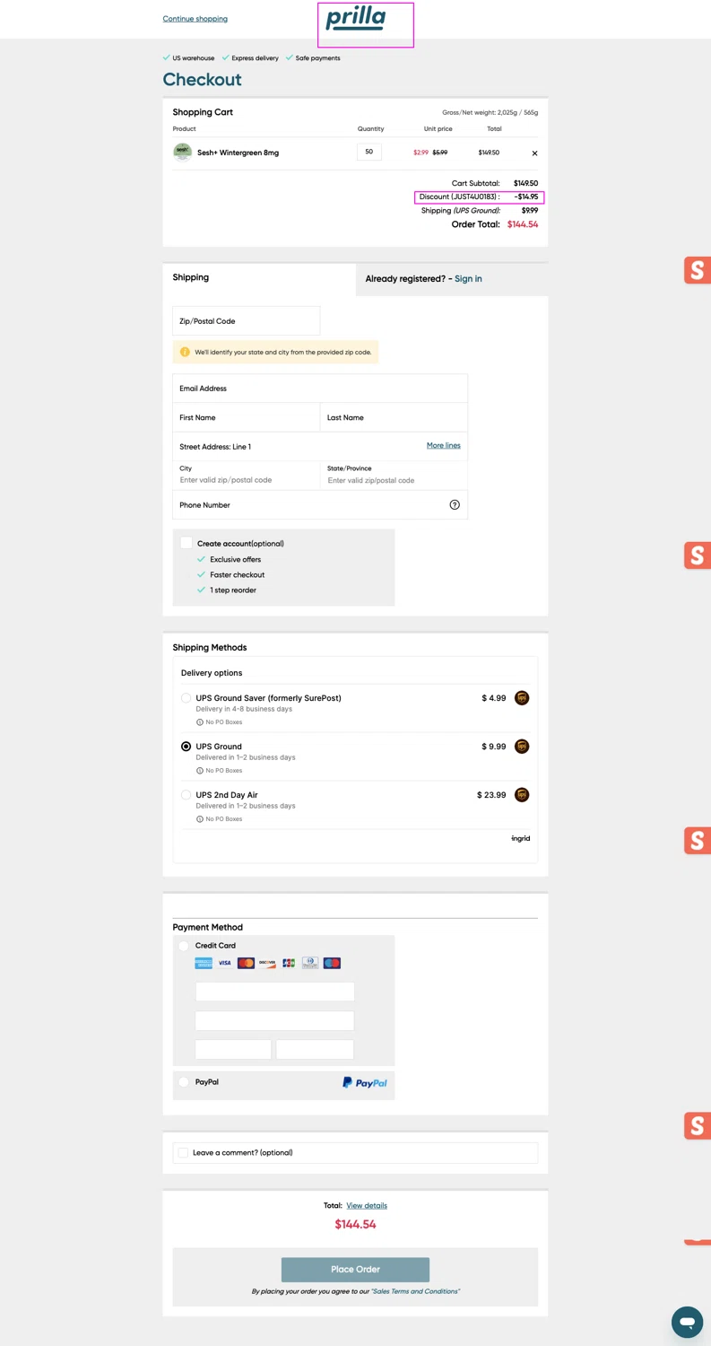 Prilla promo code screenshot showing code JUST4U0183 applied at Prilla checkout page. Uploaded by SimplyCodes community member chandlerbing on Jun 22, 2026
