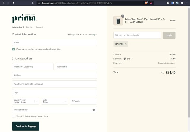 Prima checkout page showing Prima promo code box | Screenshot taken by SimplyCodes community member on Aug 16, 2021