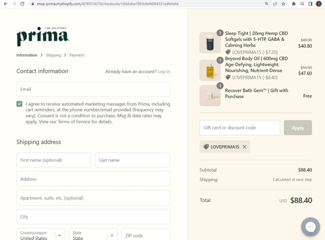 Prima checkout page showing Prima promo code box | Screenshot taken by SimplyCodes community member on Apr 20, 2022