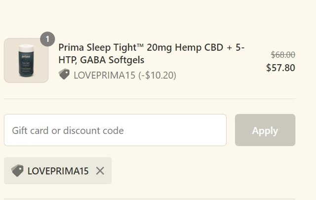 Prima checkout page showing Prima promo code box | Screenshot taken by SimplyCodes community member on Aug 18, 2021