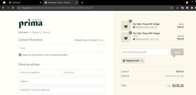 Prima checkout page showing Prima promo code box | Screenshot taken by SimplyCodes community member on Aug 18, 2021