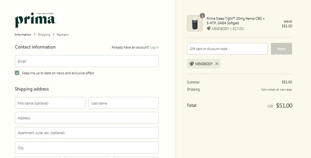 Prima checkout page showing Prima promo code box | Screenshot taken by SimplyCodes community member on Jul 20, 2021