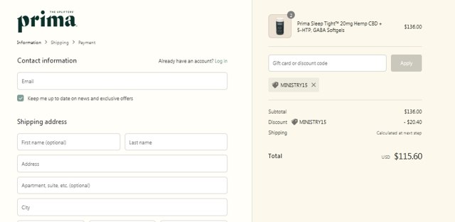 Prima checkout page showing Prima promo code box | Screenshot taken by SimplyCodes community member on Jul 20, 2021