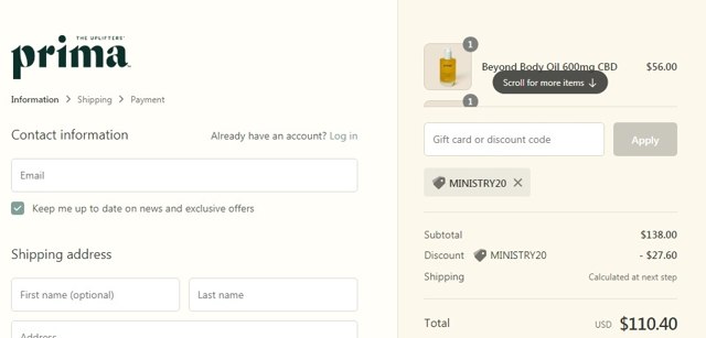 Prima checkout page showing Prima promo code box | Screenshot taken by SimplyCodes community member on Aug 18, 2021