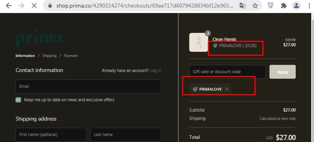 Prima checkout page showing Prima promo code box | Screenshot taken by SimplyCodes community member on Aug 10, 2021