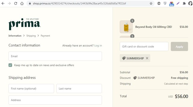 Prima checkout page showing Prima promo code box | Screenshot taken by SimplyCodes community member on Aug 18, 2021