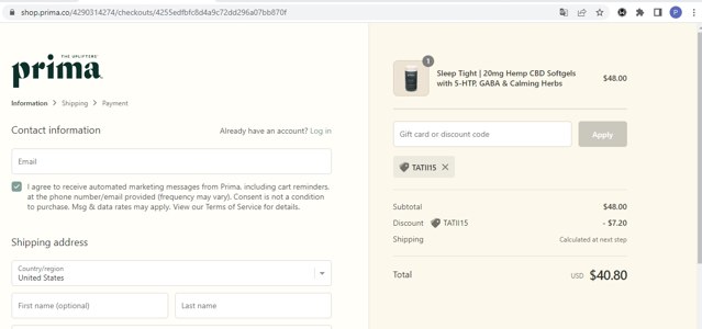Prima checkout page showing Prima promo code box | Screenshot taken by SimplyCodes community member on Jul 6, 2022
