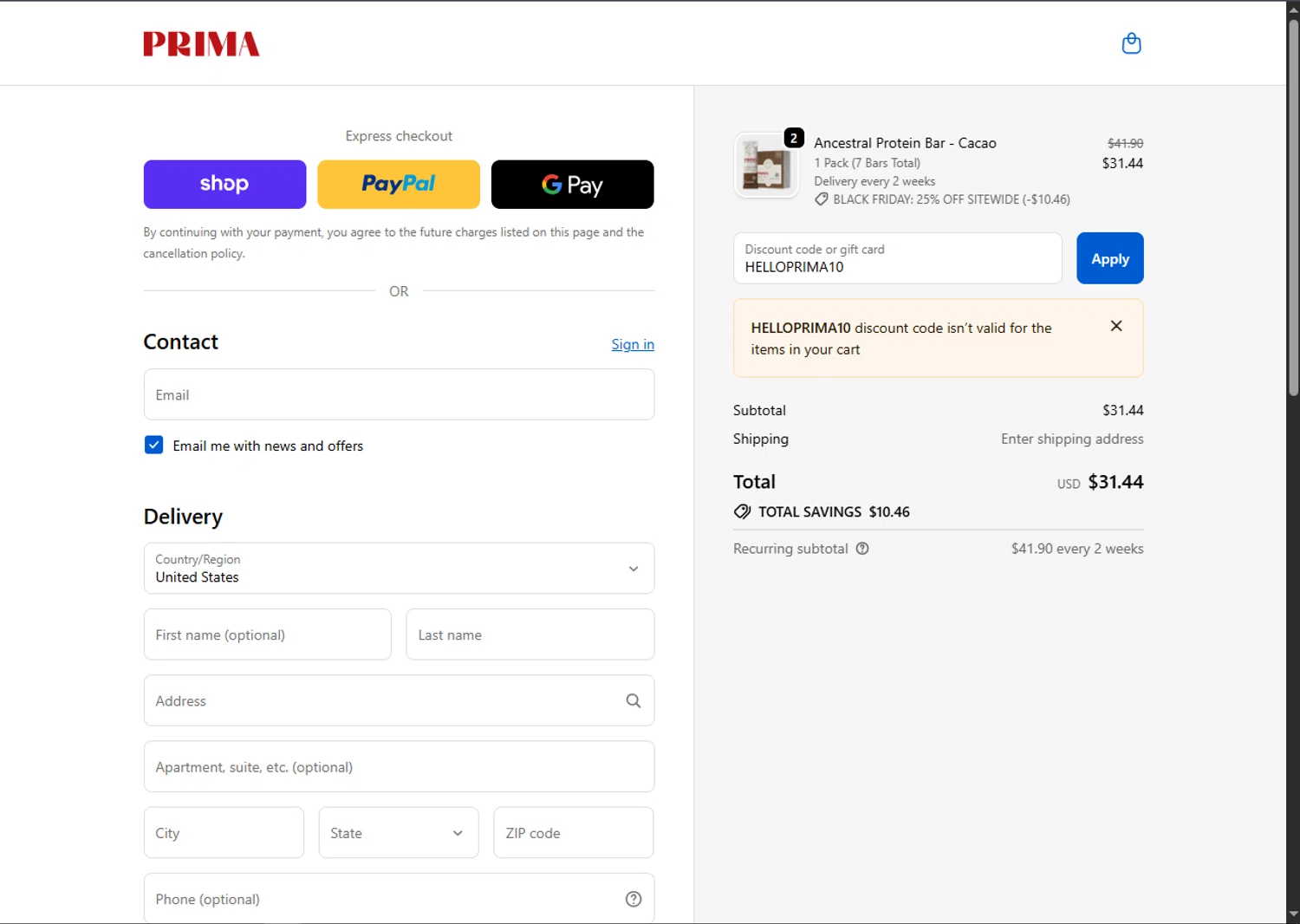 PRIMA Protein Bars promo code screenshot showing code HELLOPRIMA10 applied at PRIMA Protein Bars checkout page. Uploaded by SimplyCodes community member BargainSaver8204 on Nov 14, 2025