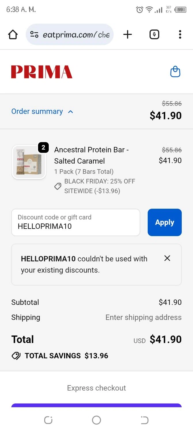 PRIMA Protein Bars promo code screenshot showing code HELLOPRIMA10 applied at PRIMA Protein Bars checkout page. Uploaded by SimplyCodes community member Jhoan06 on Nov 14, 2025
