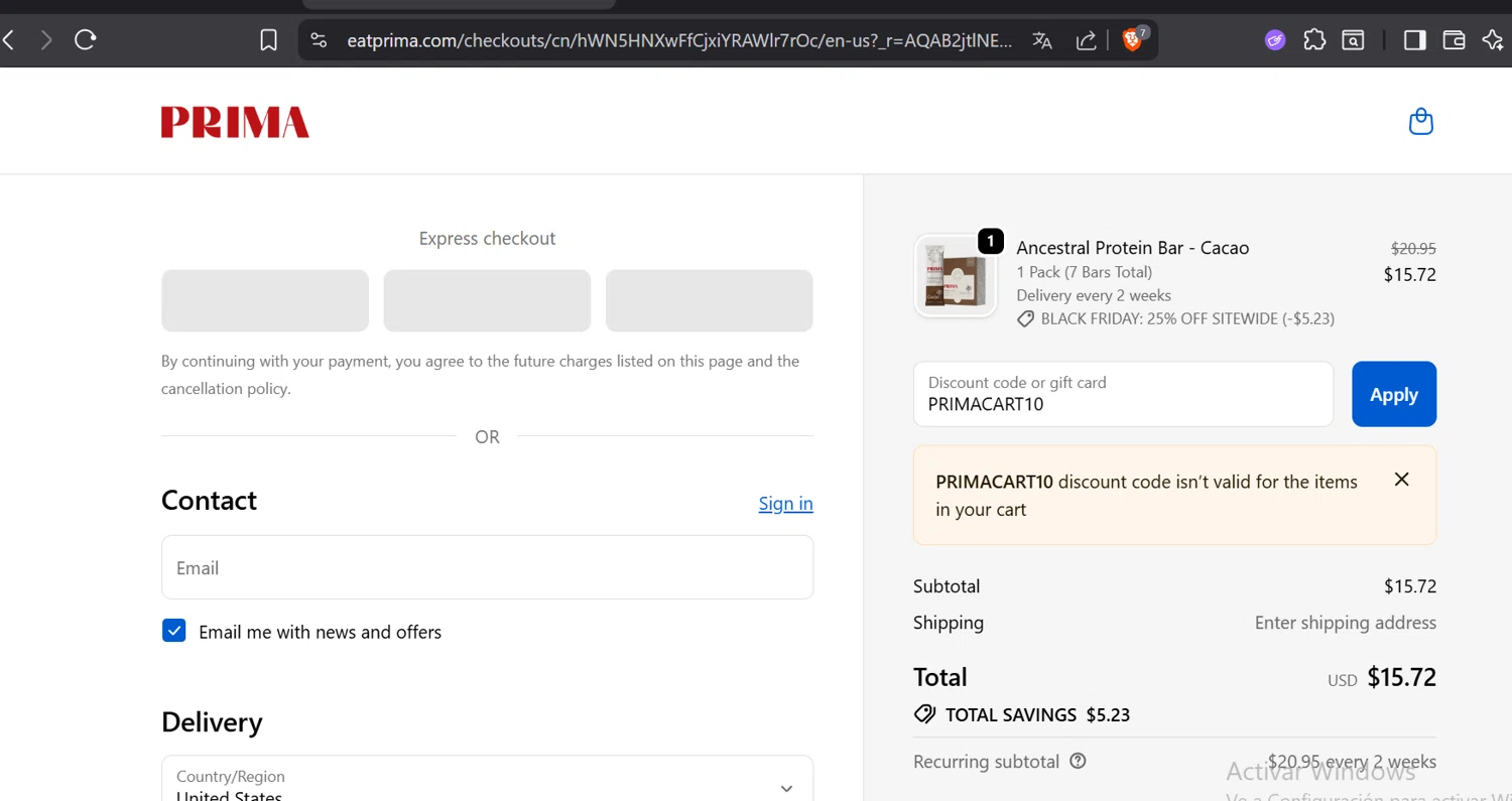PRIMA Protein Bars promo code screenshot showing code PRIMACART10 applied at PRIMA Protein Bars checkout page. Uploaded by SimplyCodes community member CoinOwl5103 on Nov 14, 2025