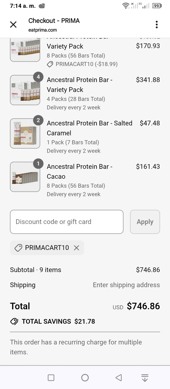 PRIMA Protein Bars promo code screenshot showing code PRIMACART10 applied at PRIMA Protein Bars checkout page. Uploaded by SimplyCodes community member jenifer on Aug 5, 2025