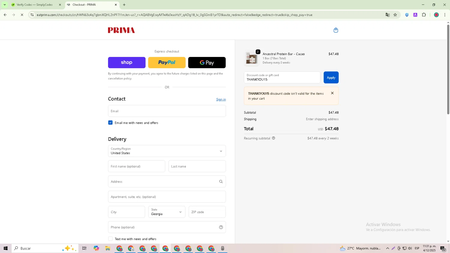 PRIMA Protein Bars promo code screenshot showing code THANKYOU15 applied at PRIMA Protein Bars checkout page. Uploaded by SimplyCodes community member Joseph_Davis on Dec 4, 2025