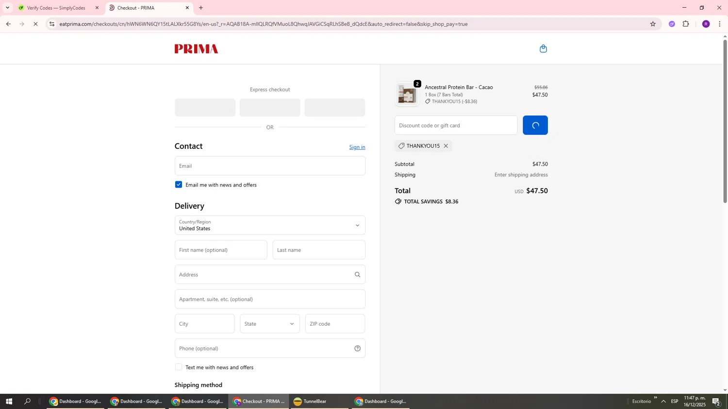 PRIMA Protein Bars promo code screenshot showing code THANKYOU15 applied at PRIMA Protein Bars checkout page. Uploaded by SimplyCodes community member ukemochi on Dec 17, 2025