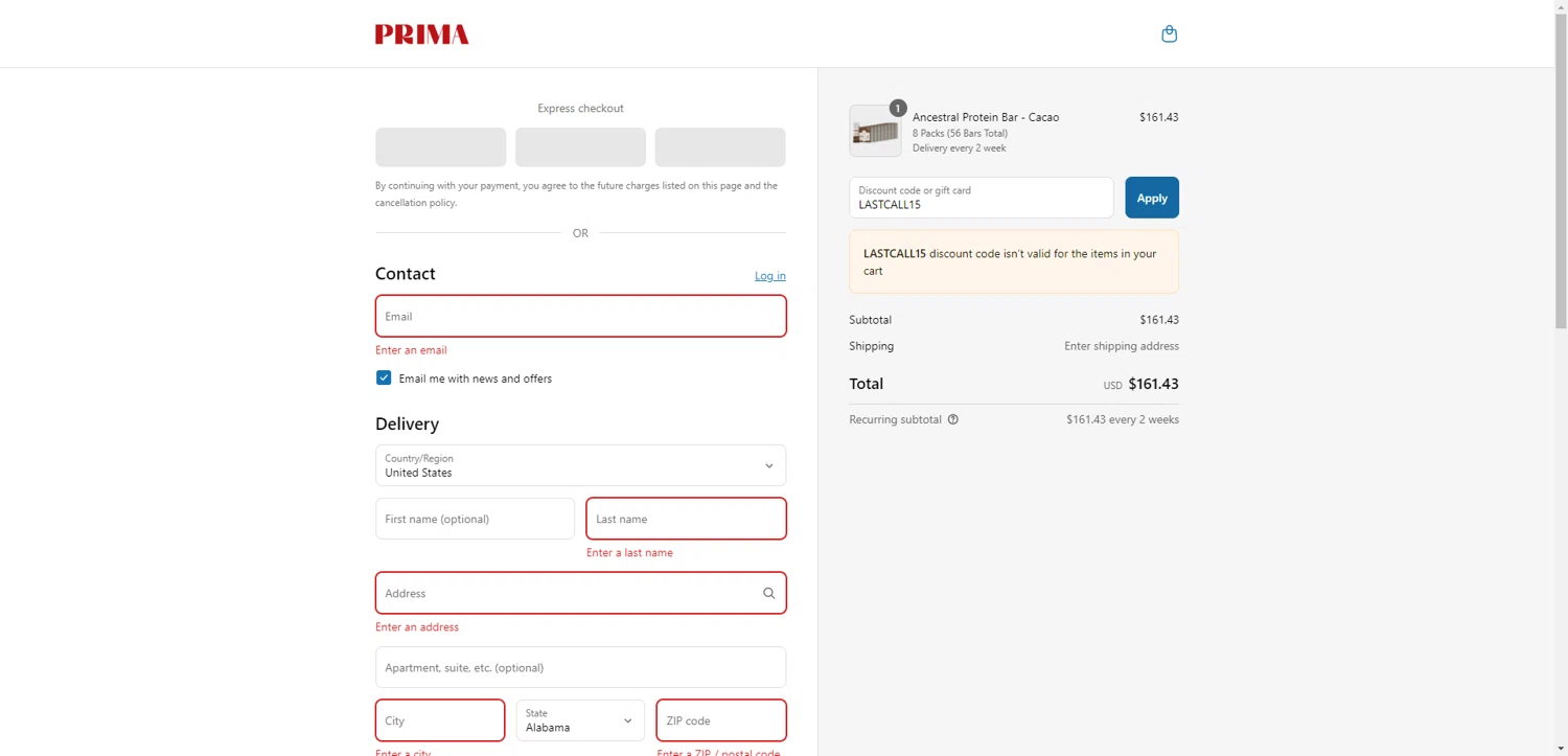 PRIMA Protein Bars promo code screenshot showing code LASTCALL15 applied at PRIMA Protein Bars checkout page. Uploaded by SimplyCodes community member PennyRanger8219 on Aug 14, 2025