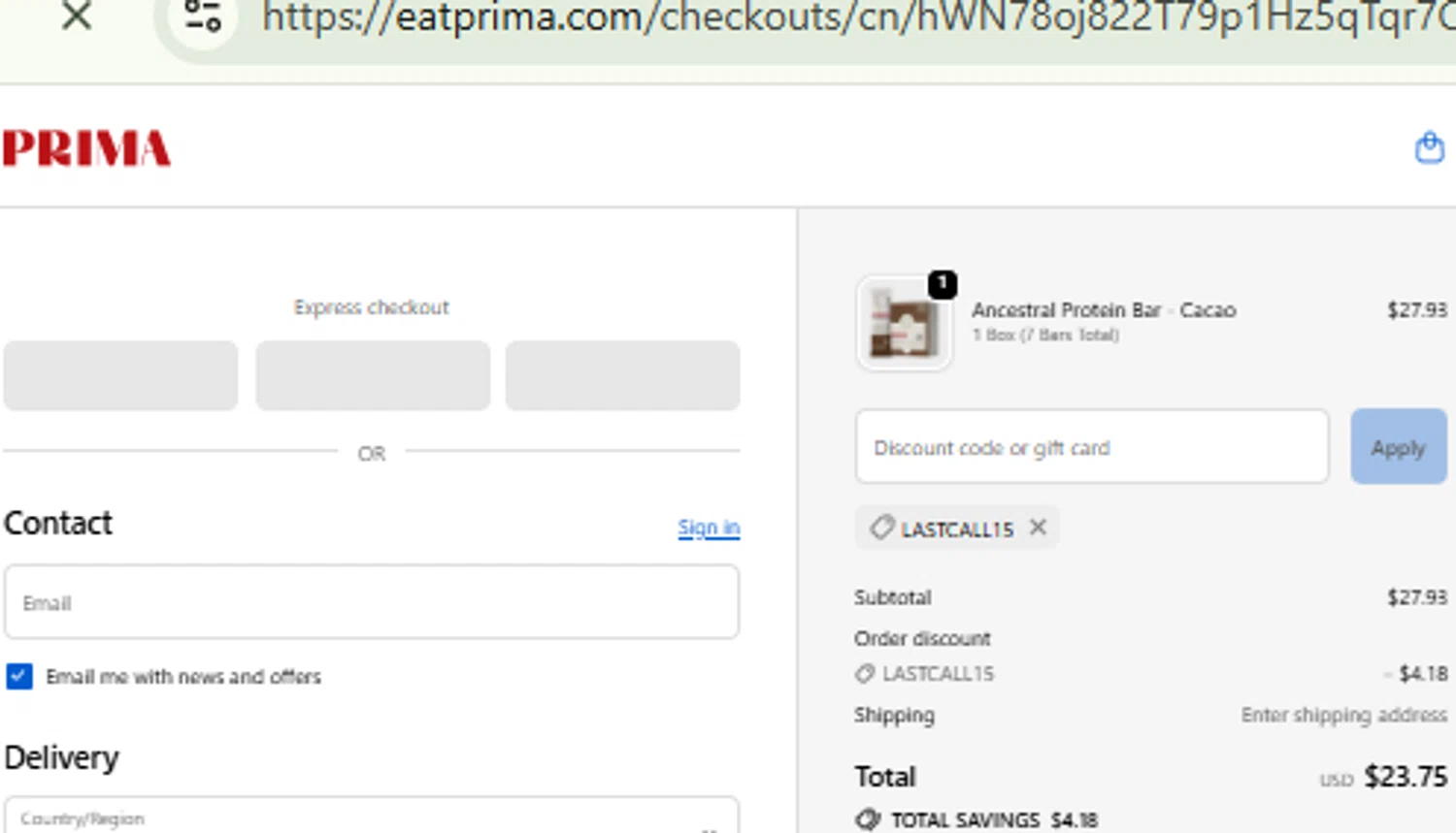 PRIMA Protein Bars promo code screenshot showing code LASTCALL15 applied at PRIMA Protein Bars checkout page. Uploaded by SimplyCodes community member RewardFinder4836 on Jan 2, 2026