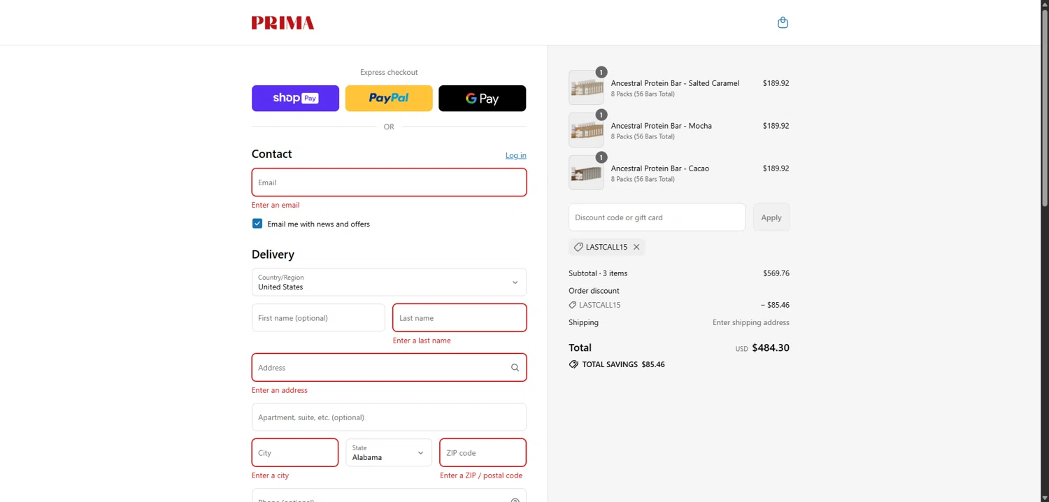 PRIMA Protein Bars promo code screenshot showing code LASTCALL15 applied at PRIMA Protein Bars checkout page. Uploaded by SimplyCodes community member VictoriousBoss8742 on Aug 14, 2025
