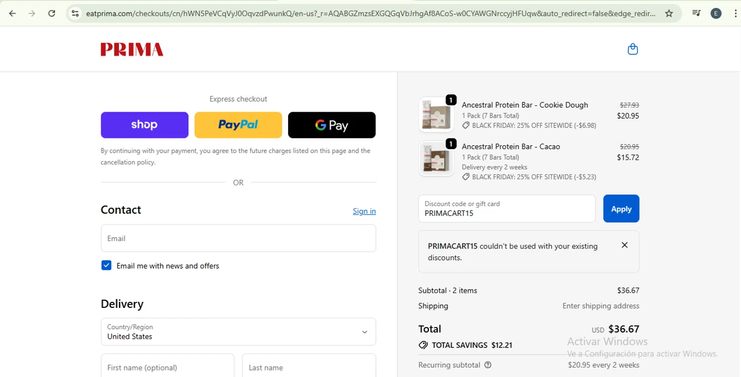 PRIMA Protein Bars promo code screenshot showing code PRIMACART15 applied at PRIMA Protein Bars checkout page. Uploaded by SimplyCodes community member SilverKnight4465 on Nov 17, 2025
