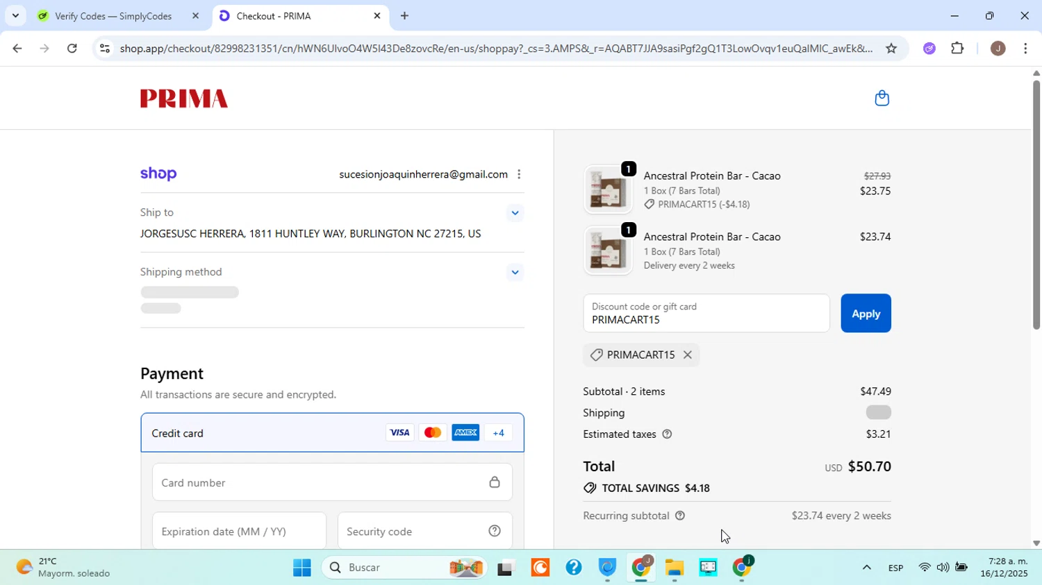 PRIMA Protein Bars promo code screenshot showing code PRIMACART15 applied at PRIMA Protein Bars checkout page. Uploaded by SimplyCodes community member jorgejavierherrera on Dec 16, 2025