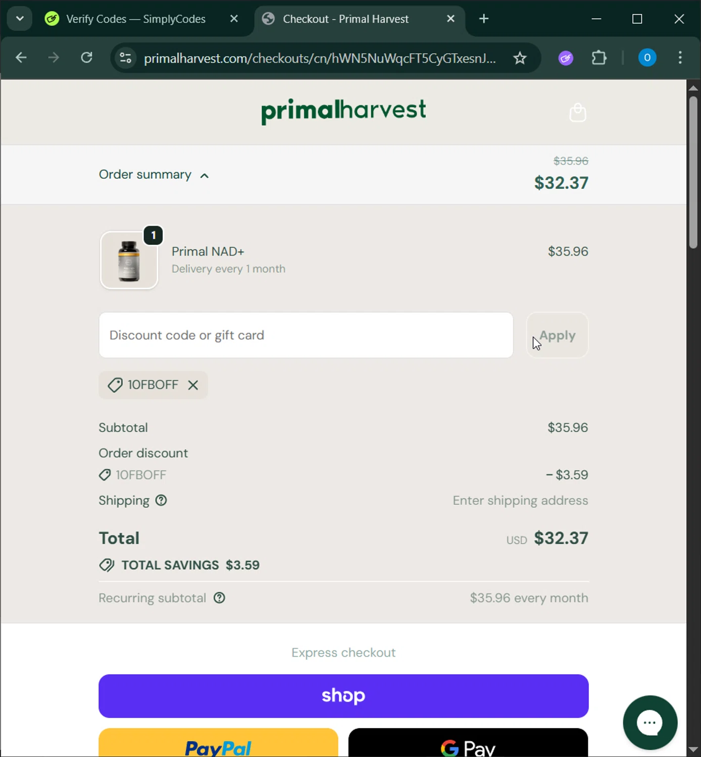 PrimalHarvest coupon code screenshot showing code 10FBOFF applied at PrimalHarvest checkout page. Uploaded by SimplyCodes community member GoldAdmiral5202 on Nov 17, 2025