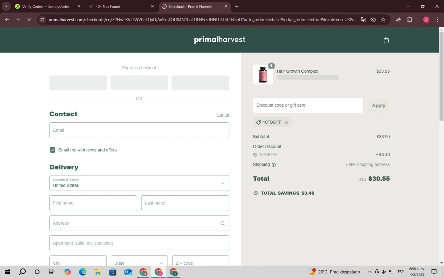 PrimalHarvest coupon code screenshot showing code 10FBOFF applied at PrimalHarvest checkout page. Uploaded by SimplyCodes community member SaleScholar6713 on Feb 4, 2025