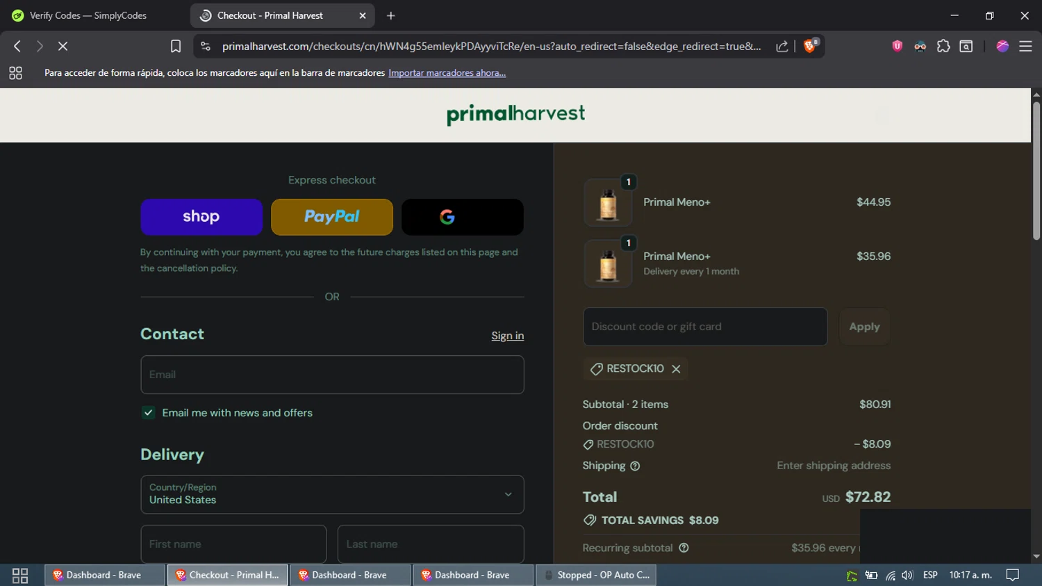 PrimalHarvest coupon code screenshot showing code RESTOCK10 applied at PrimalHarvest checkout page. Uploaded by SimplyCodes community member DazzLL on Oct 29, 2025