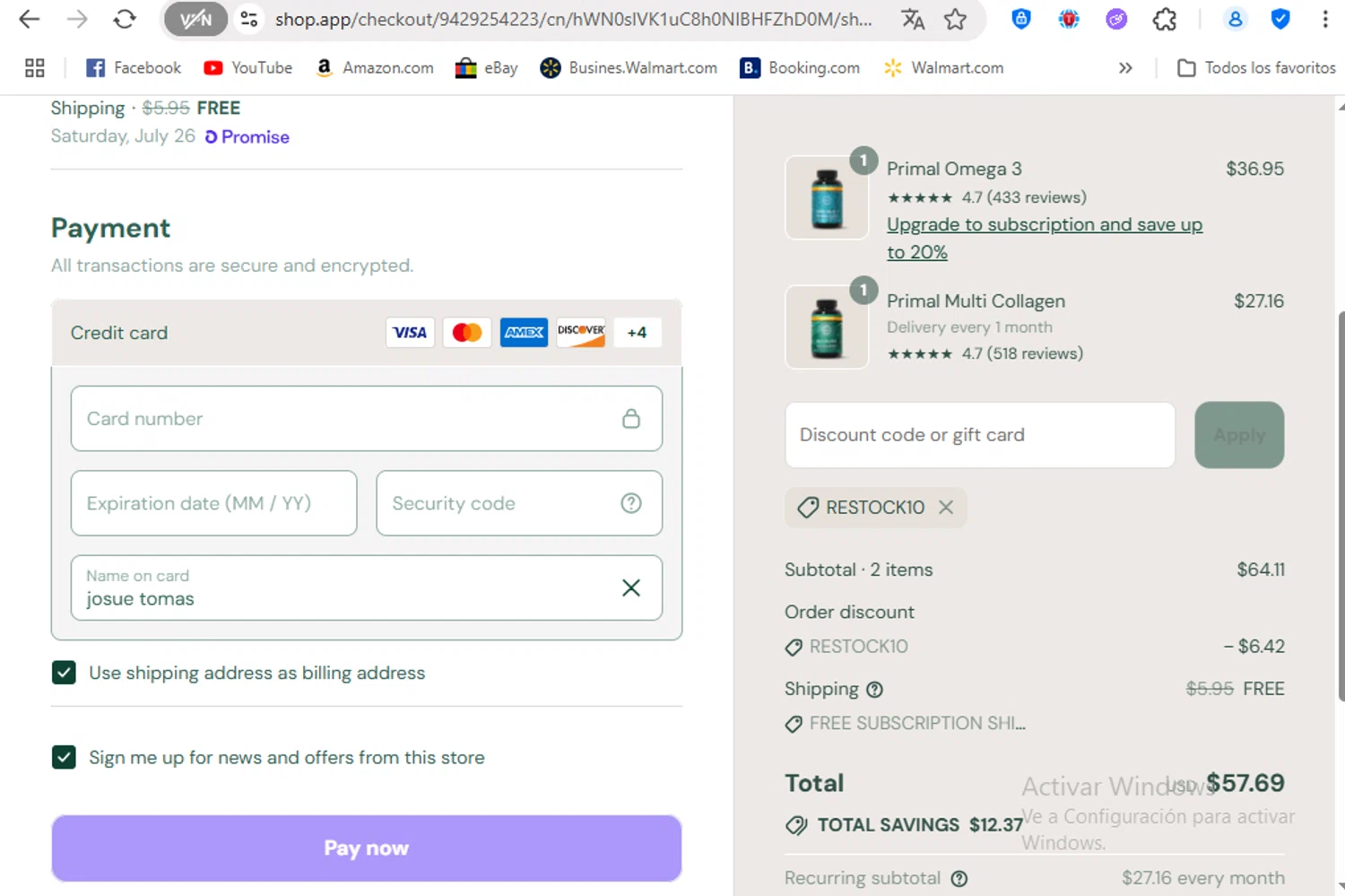 PrimalHarvest coupon code screenshot showing code RESTOCK10 applied at PrimalHarvest checkout page. Uploaded by SimplyCodes community member FrancyB on Jul 21, 2025