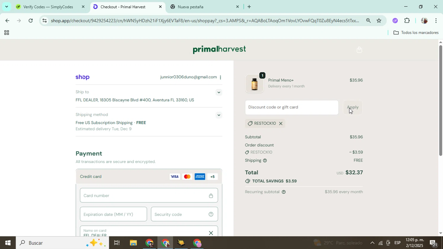 PrimalHarvest coupon code screenshot showing code RESTOCK10 applied at PrimalHarvest checkout page. Uploaded by SimplyCodes community member Mujerdejunnior on Dec 2, 2025