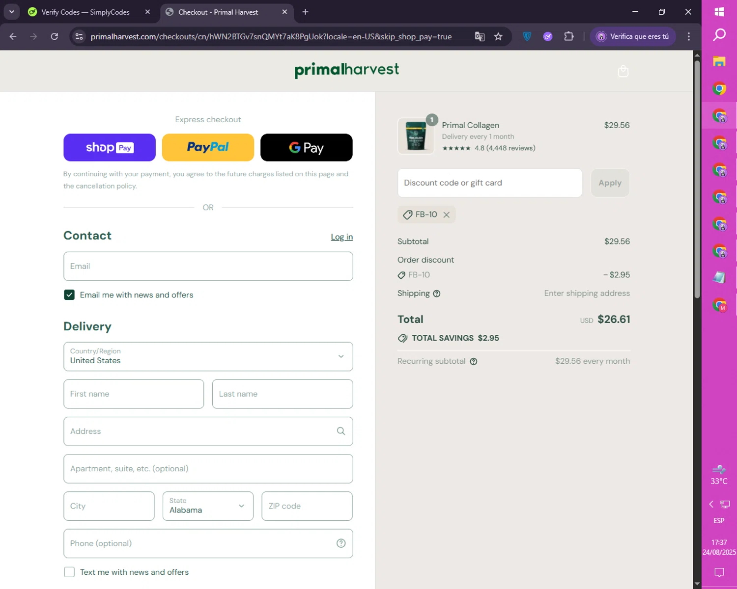 PrimalHarvest coupon code screenshot showing code FB-10 applied at PrimalHarvest checkout page. Uploaded by SimplyCodes community member CoinRanger7926 on Aug 24, 2025