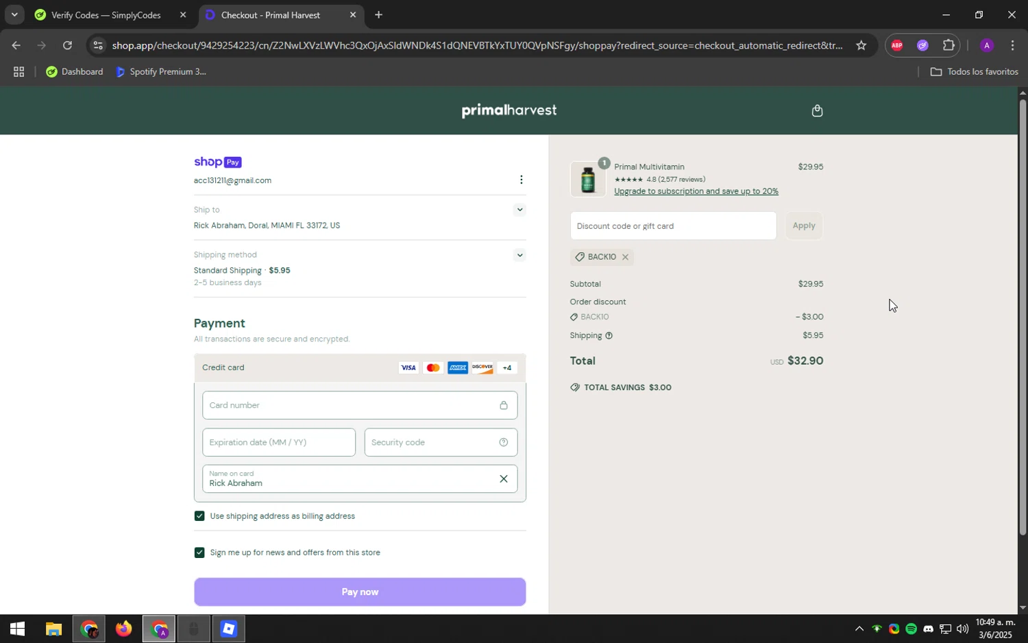 PrimalHarvest coupon code screenshot showing code BACK10 applied at PrimalHarvest checkout page. Uploaded by SimplyCodes community member DeathBone on Jun 3, 2025