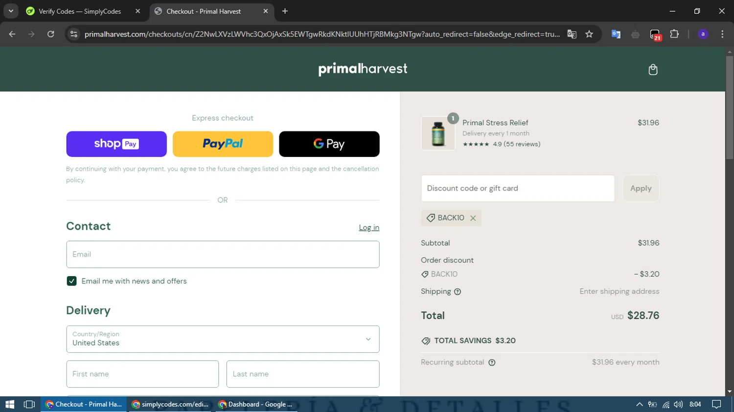 PrimalHarvest coupon code screenshot showing code BACK10 applied at PrimalHarvest checkout page. Uploaded by SimplyCodes community member TreasureCurator3039 on Mar 3, 2025