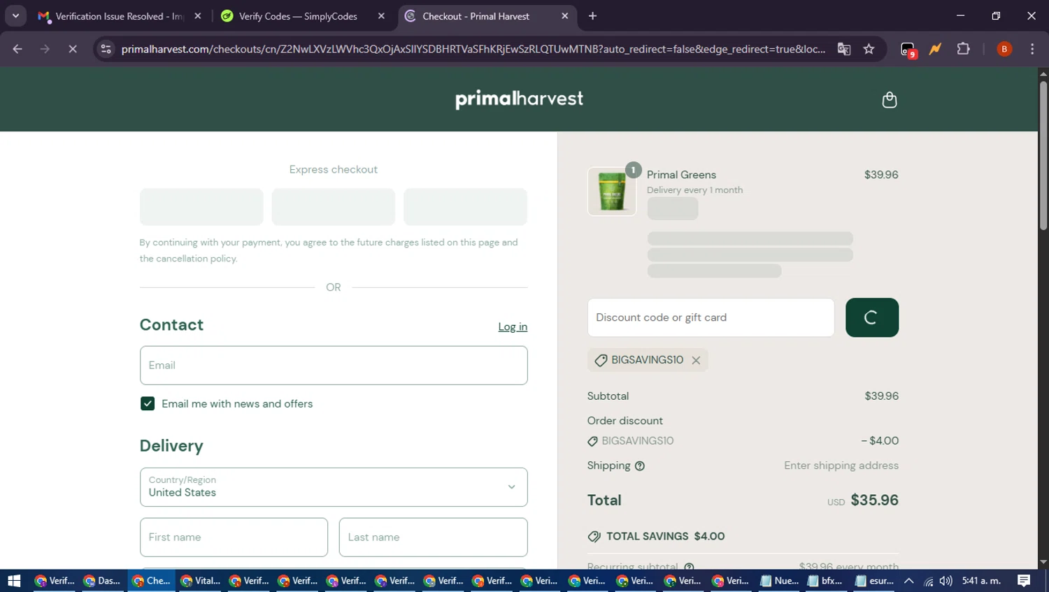 PrimalHarvest coupon code screenshot showing code BIGSAVINGS10 applied at PrimalHarvest checkout page. Uploaded by SimplyCodes community member DiscountExpert6435 on Jun 29, 2025