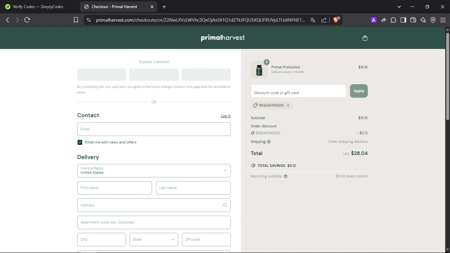 PrimalHarvest coupon code screenshot showing code BIGSAVINGS10 applied at PrimalHarvest checkout page. Uploaded by SimplyCodes community member SmartScholar9589 on Apr 6, 2025