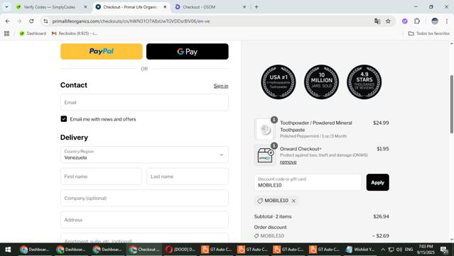 Primal Life Organics checkout page showing Primal Life Organics discount code box | Screenshot taken by SimplyCodes community member on Sep 15, 2025